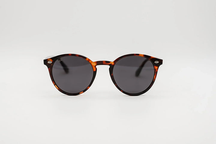 Vista frontal gafas de sol Bogota redondas estilo panto con estampado carey clásico.