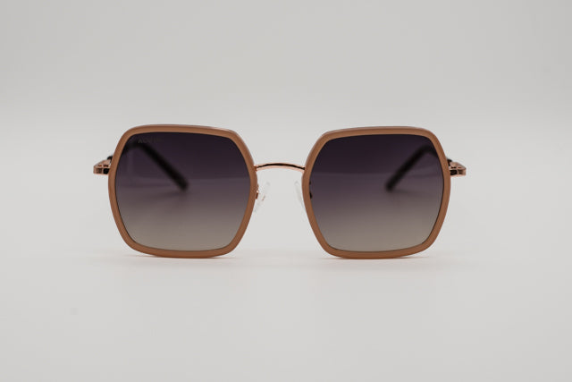 Vista frontal gafas de sol Houston geométricas oversize en metal oro rosa.