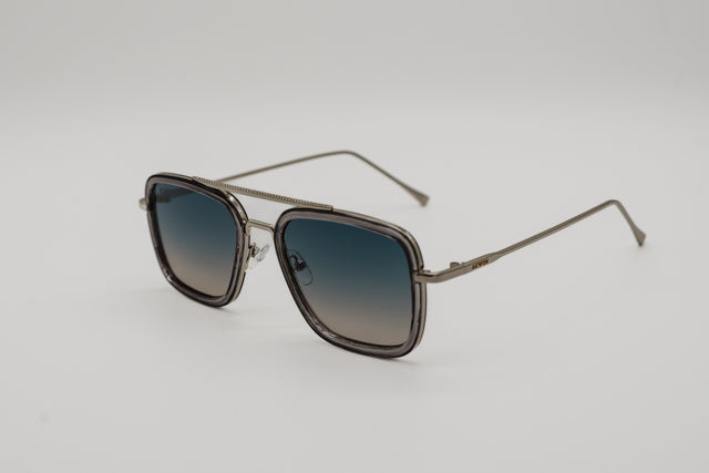 Vista en perspectiva del modelo Lugo destacando la combinación de metal y acetato.