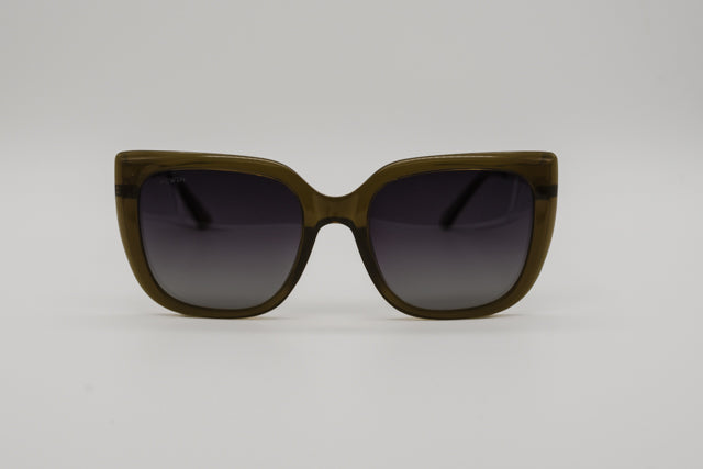 Vista en perspectiva gafas de sol Niza oversize verde oliva con varillas metálicas.