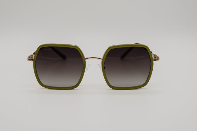 Vista en perspectiva gafas de sol Segovia geométricas verde oliva y oro.